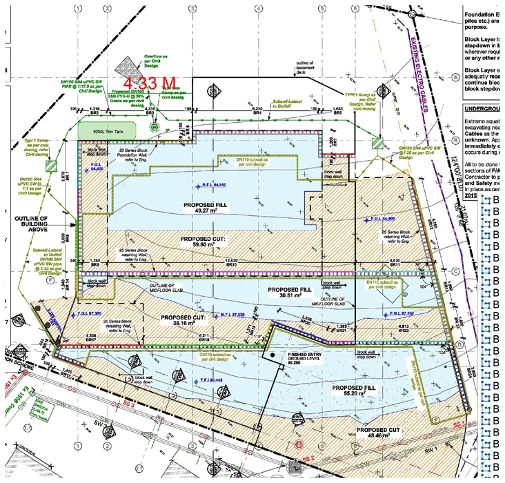 Marked-up foundation plan illustrating the drawing detail needed for a brief
